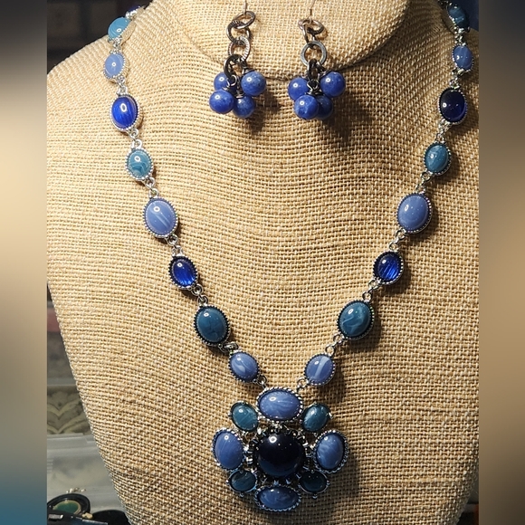 Vintage Blue Statement Necklace and Earrings Set - Picture 1 of 4